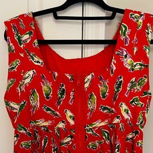 JCREW Red Summer Dress with Parrots has Pockets